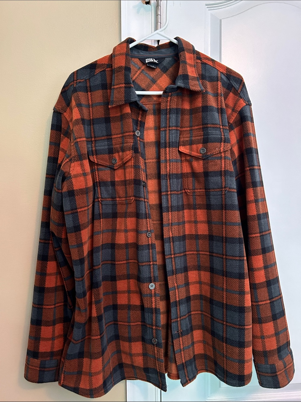 Eddie Bauer Men's Orange and Black Plaid Fleece Flannel Shirt